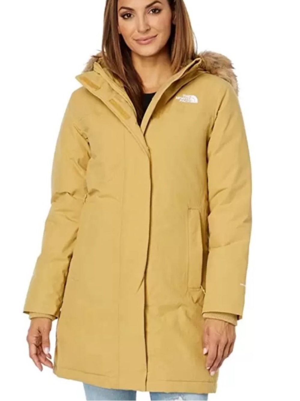 The North Face Women's Mustard Yellow Puffer Parka with Faux Fur Hood